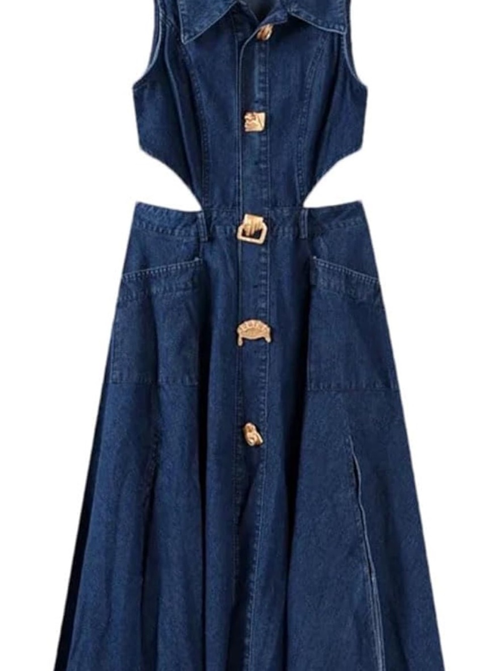 Amazon Women's Denim Midi Dress in Dark Blue with decorative gold buttons - Picture 3 of 9